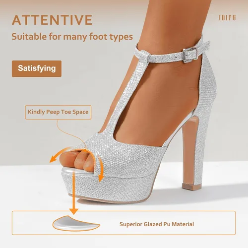 Vista 4 de IDIFU IN5 Polly - Sandalias de tacón alto grueso con correa en T para mujer, sandalias sexy con punta abierta, para boda, fiesta, graduación