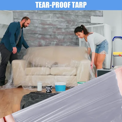 Vista 5 de 5 hojas de plástico para pintar, tela transparente impermeable y a prueba de polvo para cubierta de muebles, lonas de 9 x 12 pies