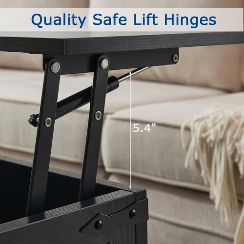 Vista 6 de Mesa de centro negra con almacenamiento, mesa de cóctel con parte superior elevadora con bisagras, mesa central cuadrada de madera con gran