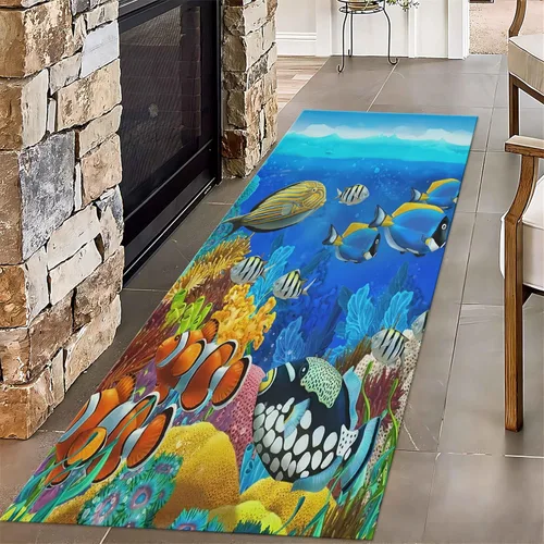 Vista 13 de Alfombra de pasillo larga con diseño de tortuga de acuarela, 2 x 6 pies, alfombra de camino de tortuga azul agua de mar para pasillos, alfombra