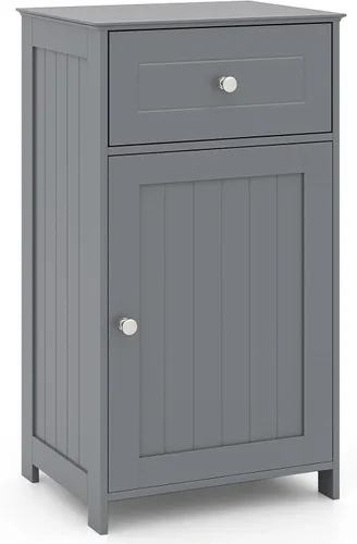 Vista 10 de Giantex Armario de almacenamiento de baño de piso, gabinete independiente con cajón, puerta, estante ajustable, dispositivo antivuelco, organizador