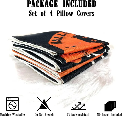 Vista 4 de Juego de 4 fundas de almohada de Halloween de 18 x 18 pulgadas, funda de almohada de lino suave con castillo de gato negro, decoración rústica