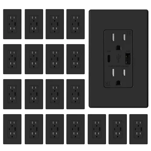 Vista 48 de ELEGRP Cargador USB de pared, receptáculo USB con puertos USB tipo A y tipo C, enchufe dúplex de 15 amperios resistente a manipulaciones NEMA 5-15R
