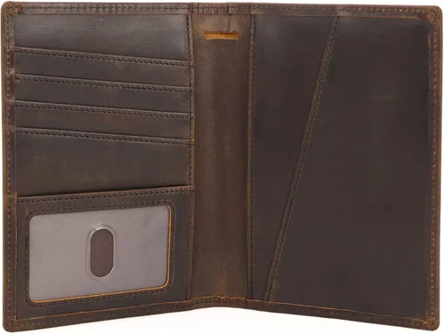 Vista 3 de Polare - Cartera de viaje de cuero de grano completo, plegable, funcional, delgada, con bloqueo RFID, soporte para pasaporte para hombres, Marrón