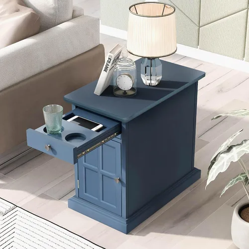 Vista 13 de Mesa auxiliar vintage para sala de estar, mesita de noche multifuncional con puertos USB y cajón con portavasos (marrón antiguo/USB*)