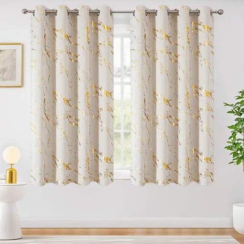 Vista 8 de WUBODTI Cortinas 100% Opacas de Mármol Beige de 63 Pulgadas de Largo 2 Paneles, Cortina Corta con Ojales de Impresión de Lámina Dorada Moderna
