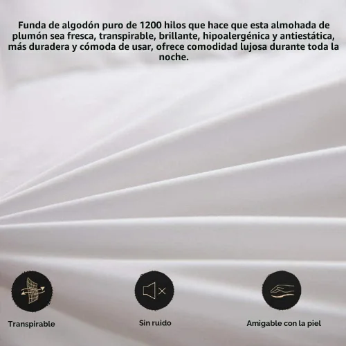 Vista 2 de achard Juego de 2 almohadas de cama de plumas de ganso blanco, tamaño Queen, suaves, 100% algodón, poliéster de relleno envolvente de soporte suave