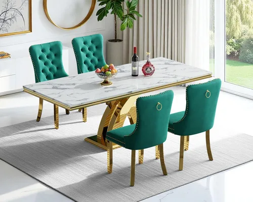 Vista 29 de Juego de 4 mesas de comedor blancas y doradas, mesa de cocina rectangular de 68 pulgadas con parte superior de mármol sintético blanco, mesa de Mesa