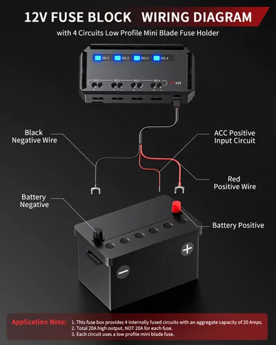 Vista 4 de Bloque de Fusibles ELECTOP 12V, Kit de Caja de Fusibles y Relé Universal de 20A para Motocicleta y Automotriz con 4 Circuitos, Portador de Fusible
