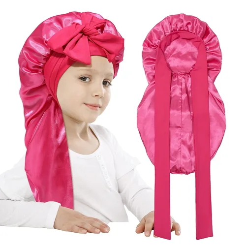 Vista 10 de AWAYTR Gorro de satén para niñas con trenzas de pelo largo para dormir Negro