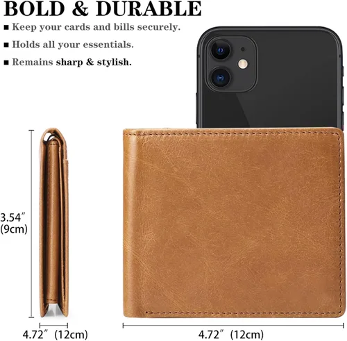 Vista 4 de FALAN MULE Cartera de cuero genuino para hombre, con bloqueo RFID, billetera plegable con 2 ventanas de identificación, Caqui, Classic