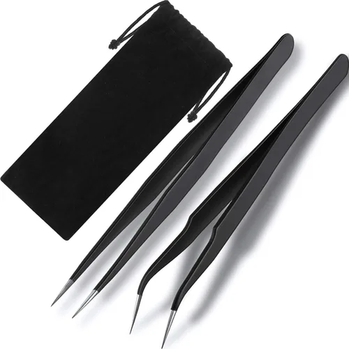 Vista 9 de Hotop 2 Piezas Pinzas de punta recta y curva para extensiones de pestañas, Herramientas de aplicación de pestañas postizas de acero inoxidable rosa.