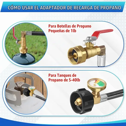Vista 3 de Adaptador de recarga de propano con válvula y manómetro, adaptador de llenado de botellas pequeñas de propano de 36 pulgadas, 1 libra, manguera