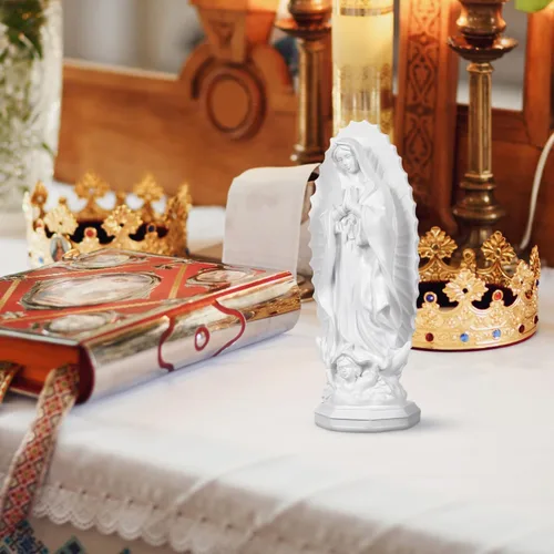 Vista 2 de DECHOUS Estatua de la Señora de Guadalupe blanca – 7.5 pulgadas de alto, figura religiosa de resina de Guadalupe para oficina en casa, estatua