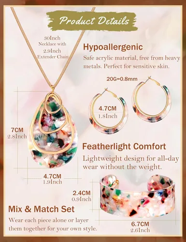 Vista 3 de Conjunto de Joyería de Acrílico ORAZIO para Mujeres, Collar, Pendientes de Resina Estilo Boho, Pulsera