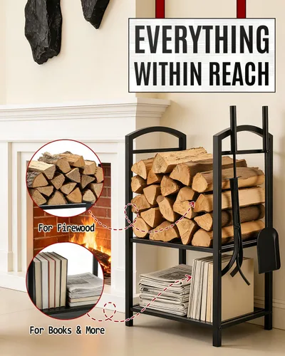 Vista 3 de Breeze Touch Estante de leña de 29 pulgadas con 4 herramientas para chimenea, soporte de troncos resistente de 5 piezas para chimenea