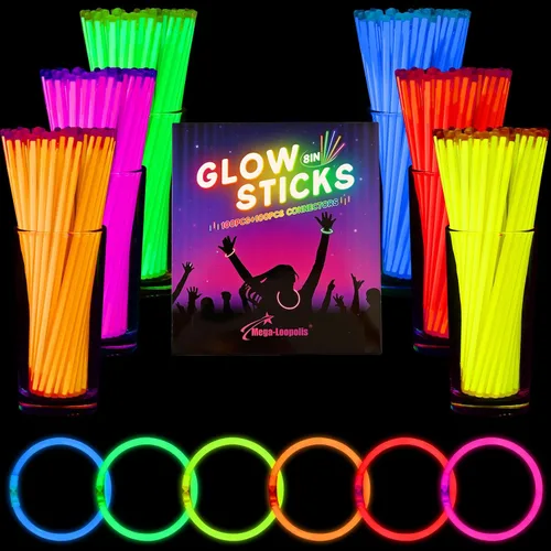 Vista 6 de Mega-L Glow Sticks suministros de fiesta, recuerdos de fiesta que brillan en la oscuridad, 100 collares ultra brillantes de 8 pulgadas y pulseras