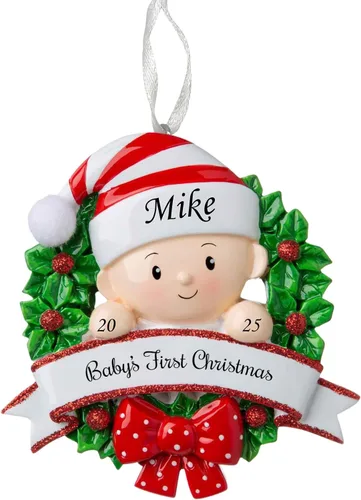 Vista 8 de Adorno de la primera Navidad del bebé 2025, árbol decorativo para bebé, recuerdo personalizado de vacaciones, adorno de mi primera Navidad