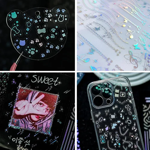 Vista 4 de 24 hojas de calcomanías holográficas Kpop, calcomanías coreanas para fotocartas, autoadhesivas, con purpurina transparente, estrellas, lunas