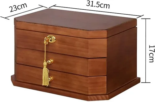Vista 2 de MUSUMI Joyero extra grande de madera maciza, caja de joyería de madera maciza, caja de almacenamiento de regalo, organizador con cerradura
