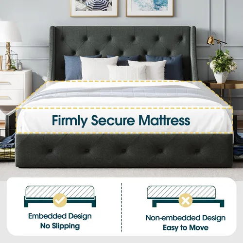 Vista 6 de WEEWAY Base de cama tapizada de tamaño matrimonial con 4 cajones de almacenamiento y cabecera con respaldo de ala, diseño capitoné, no necesita