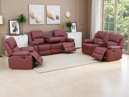 Vista 24 de Sofá reclinable manual moderno, sofá reclinable de cuero de 3 plazas, sofá reclinable de sala de estar, sofá con portavasos y mesa abatible