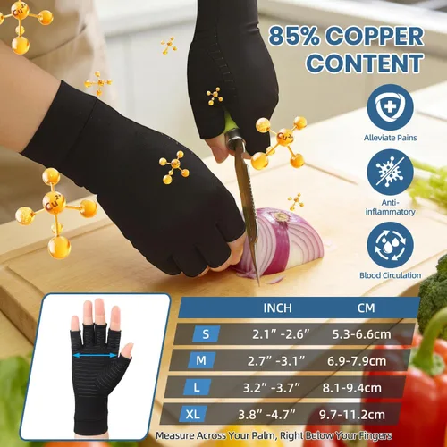 Vista 2 de 2 pares de guantes de cobre para artritis, alivio del dolor, artrosis reumatoide, túnel carpiano, guantes de cobre sin dedos para escribir, trabajo