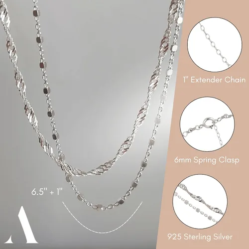 Vista 6 de Pulsera de doble cadena Annika Bella, cadena de mano de 6.5-7.5 pulgadas, pulseras de cadena de plata de ley 925, joyería minimalista para mujer