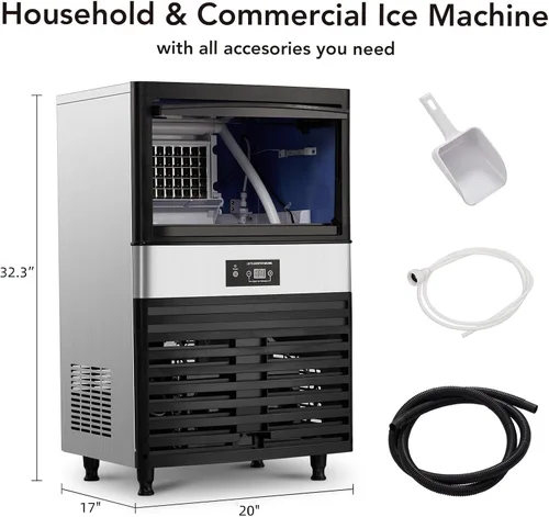 Vista 7 de Máquina de hielo comercial de 110 libras/24 horas, máquina de hielo debajo del mostrador con cubo de hielo de 30 libras, 40 cubitos de hielo/ciclo