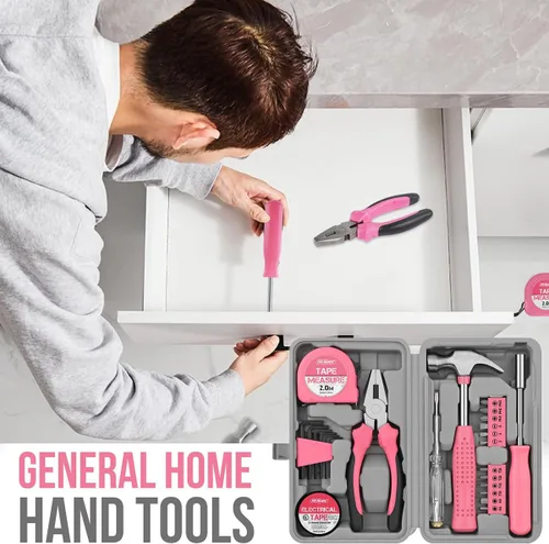 Vista 4 de Kit de herramientas de bricolaje para el hogar de 24 piezas, color rosa, para mujeres, juego de mini caja de herramientas compacta con herramientas