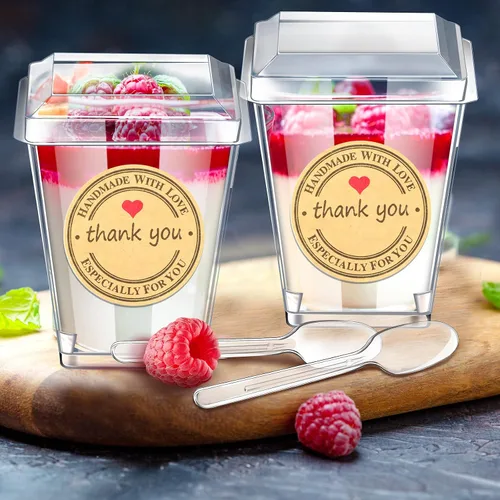 Vista 2 de Sieral Paquete de 100 tazas de plástico de postre de 5 onzas con tapas, cucharas, calcomanías, mini vasos transparentes de yogur para aperitivos