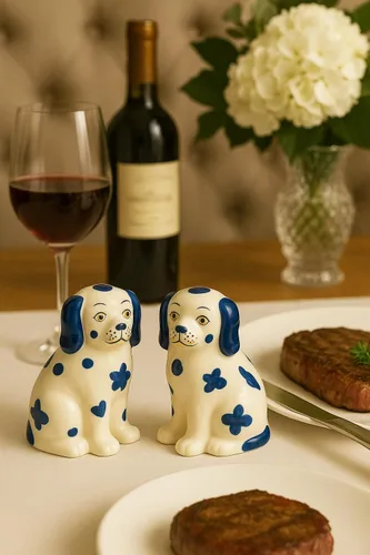 Vista 6 de Staffordshire Dogs Chinoiserie Decor - Juego de salero y pimentero decorativo azul, cerámica pintada a mano