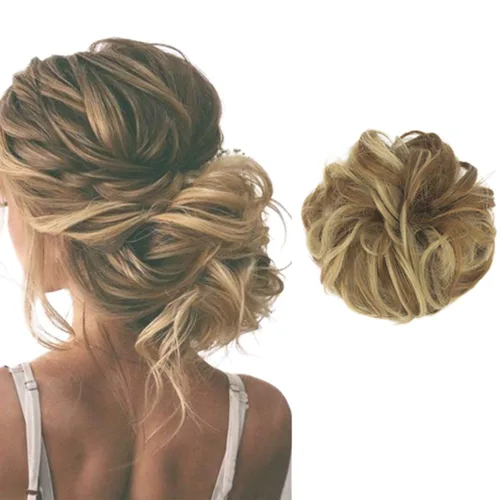 Vista 9 de Extensiones de cabello desordenado, coleta, peinado recogido, Moño, Mezcla de blanqueador negro y café.
