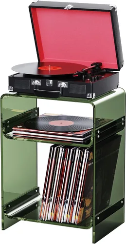Vista 16 de Mesa de tocadiscos de acrílico con estante de almacenamiento, mesa auxiliar transparente mesita de noche (negro, mediano)
