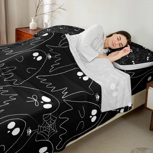 Vista 3 de Feelyou Juego de sábanas de fantasma negro para niños y niñas, tamaño individual, juego de sábanas de fantasma de calavera para niños, mujeres