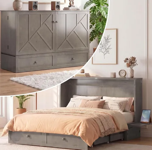 Vista 10 de BALUS Murphy - Cama Queen con colchón, cama de armario para ahorrar espacio, color cereza