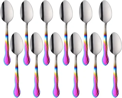 Vista 86 de Cucharas de sopa, cucharas redondas de acero inoxidable para caldo con borde de flor, juego de 12 piezas de acero inoxidable para café, azúcar