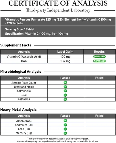 Vista 3 de Vitamatic Fumarato ferroso 325 mg + vitamina C 100 mg (104 mg de hierro elemental) – Suplemento de hierro de alta potencia – Suave para el estómago