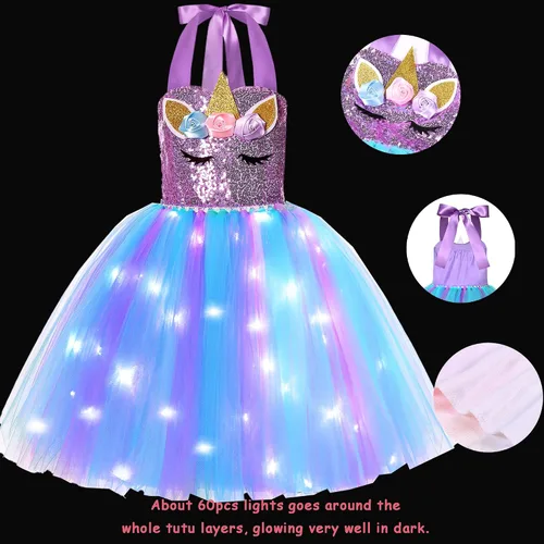 Vista 2 de KAKALVER Unicorn Dress for Girls Unicorn Costume LED Light Up for Dress up Halloween Birthday Party Decoration Unicorn Gifts