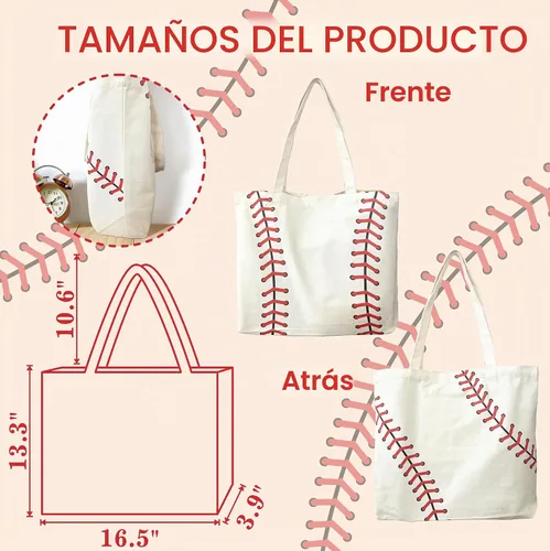 Vista 4 de Bolsa de béisbol para mujer, bolsa grande de lona de algodón de béisbol, reutilizable, bolsa de compras, playa, viaje, deporte, gimnasio, bolsa