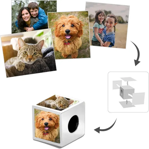 Vista 2 de LONAGO Abalorio personalizado de cuatro lados y tres caras con foto de dos caras de plata de ley 925, cuenta personalizada con capacidad para 234