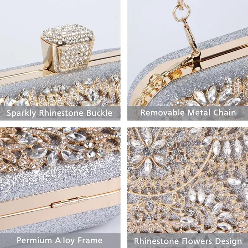 Vista 3 de Bolso de mano con diamantes de imitación, bolsa de noche floral de cristal brillante para mujer, formal, graduación, boda, fiesta