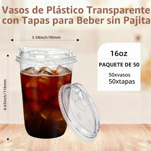 Vista 3 de Paquete de 50 vasos de plástico transparente de 16 onzas con tapas sin pajilla, tazas de café helado con tapas sin pajilla, fondo redondo desechable