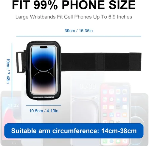 Vista 2 de Pulsera con soporte para teléfono para correr, de hasta 6.8 pulgadas, para iPhone 16/15/14 Pro Max, Galaxy S24/S23, resistente al sudor