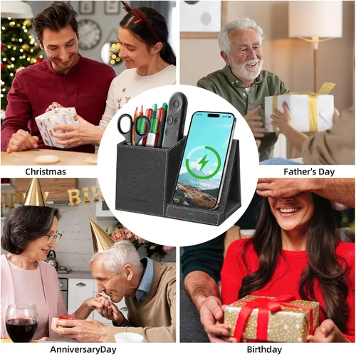 Vista 7 de TopMade Cargador inalámbrico con soporte para lápiz para bolígrafo, organizador de mesita de noche de escritorio multifuncional de cuero, estación