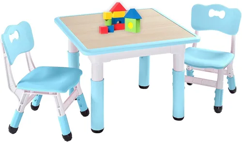 Vista 13 de FUNLIO Juego de mesa y 2 sillas para niños, juego de mesa y sillas para niños de 3 a 8 años, fácil de limpiar, mesa de artes y manualidades