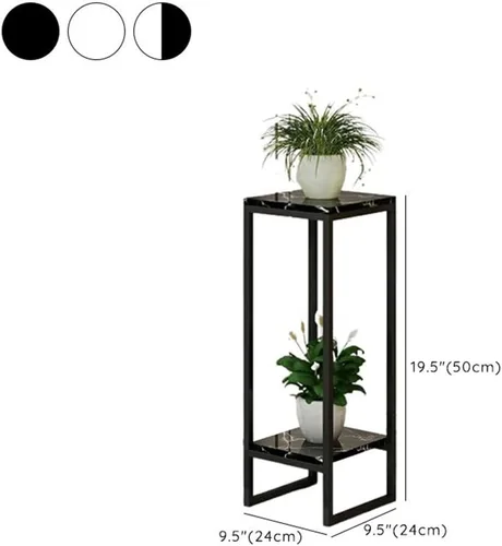 Vista 4 de Mesa cuadrada simple de madera de varios niveles con estante de almacenamiento, soporte para maceta de hierro forjado para sala de estar en Negro