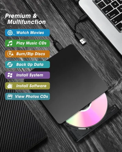 Vista 6 de ROOFULL Unidad externa de CD/DVD USB 3.0 y USB-C, ultrafina de 0.5 pulgadas, reproductor de CD y DVD de alta velocidad, grabador para computadora