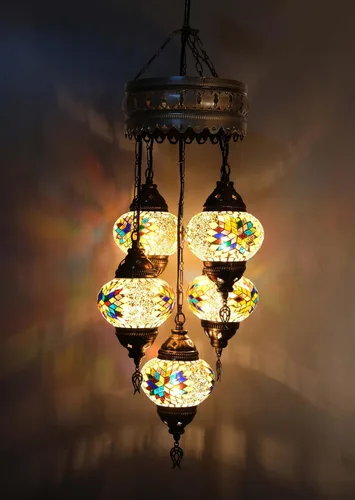 Vista 4 de Asylove Candelabros turcos de 5 globos, lámpara colgante de mosaico, iluminación de techo marroquí Art Deco de 5 globos, 5 pulgadas de altura total