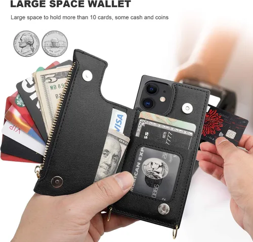 Vista 4 de Bocasal Funda tipo cartera cruzada para iPhone 12 Mini con tarjetero, protector de ranura para tarjetas con cremallera, a prueba de golpes, con Negro